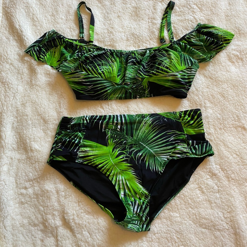Palm Print Bikini with Ruffle Sleeve Detail